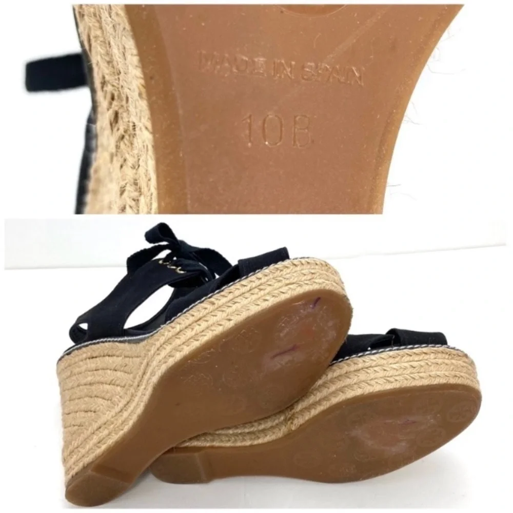 TORY Burch Cross Strap Canvas Ankle Lace up Espadrilles Wedge Sandal Black Sz 10